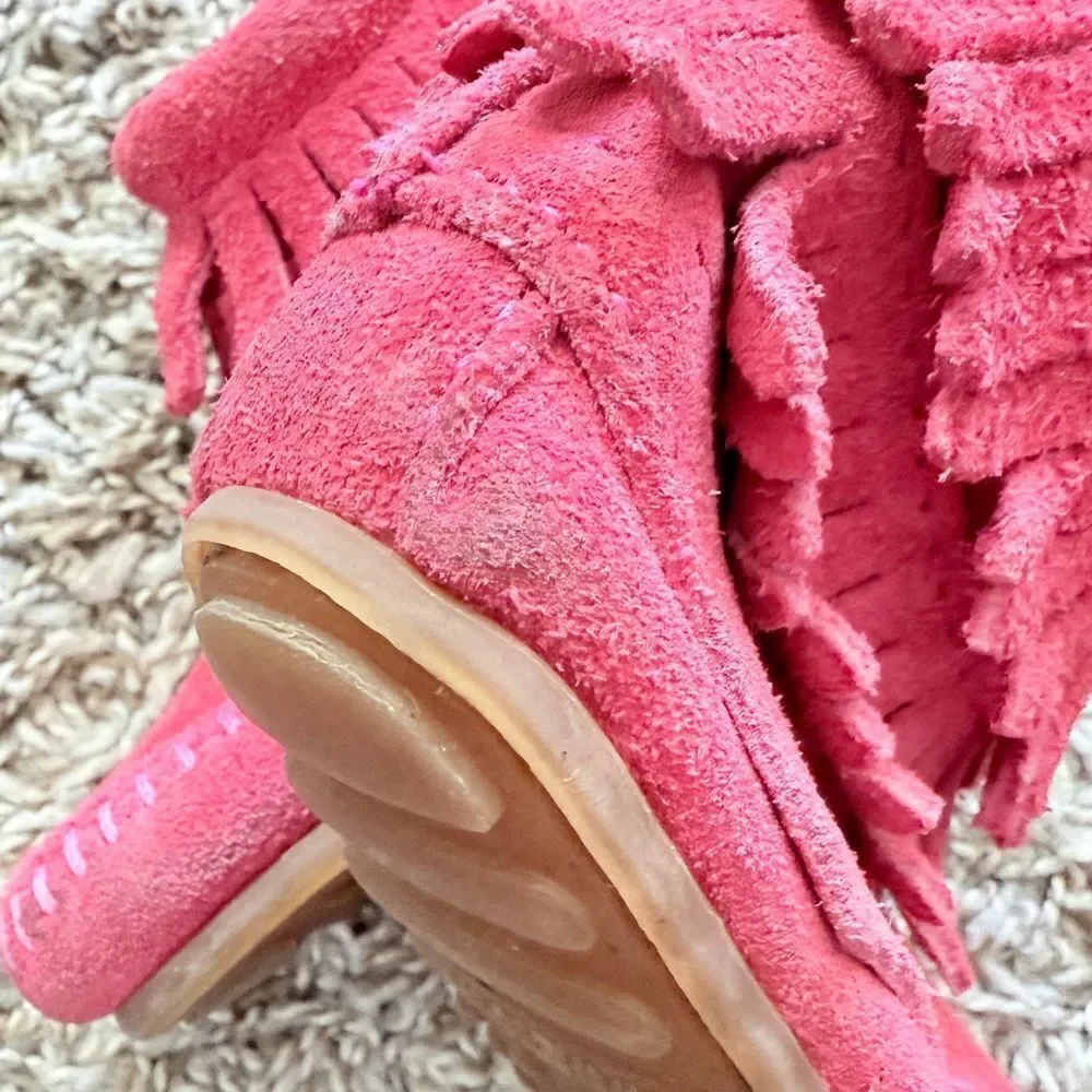 Minnetonka Pinkish Red Suede Fringed Booties